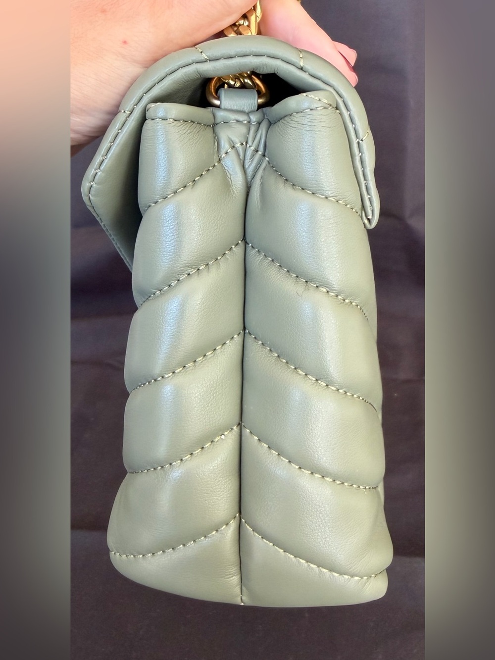 Quilted Chevron Shoulder Bag in Olive Green with Gold Hardware - Picture 6 of 11